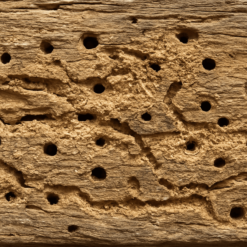 Dégâts d'insectes xylophages dans une poutre en bois