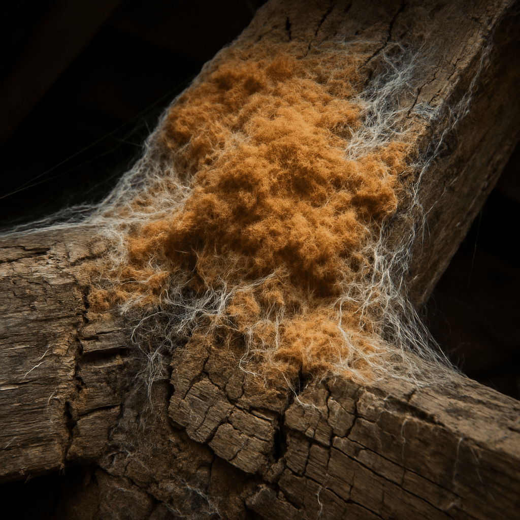 Charpente en bois attaquée par la mérule - mycélium cotonneux et bois fendu en cubes nécessitant un traitement fongicide