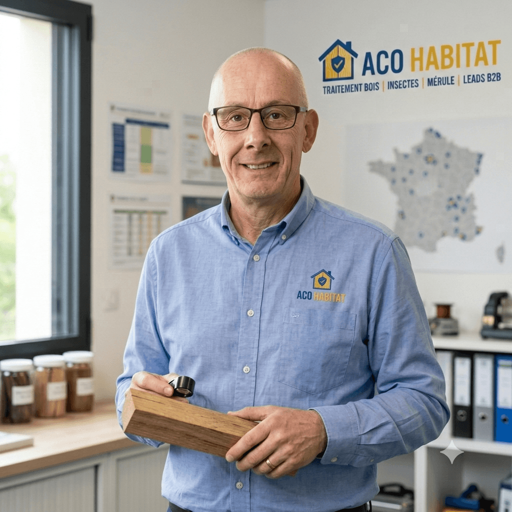 Le fondateur d'ACO-HABITAT inspectant un bois à la loupe dans son atelier