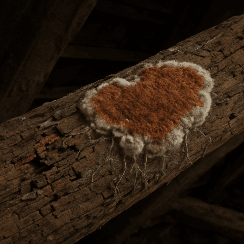 Mérule (Serpula lacrymans) se développant sur une charpente en bois
