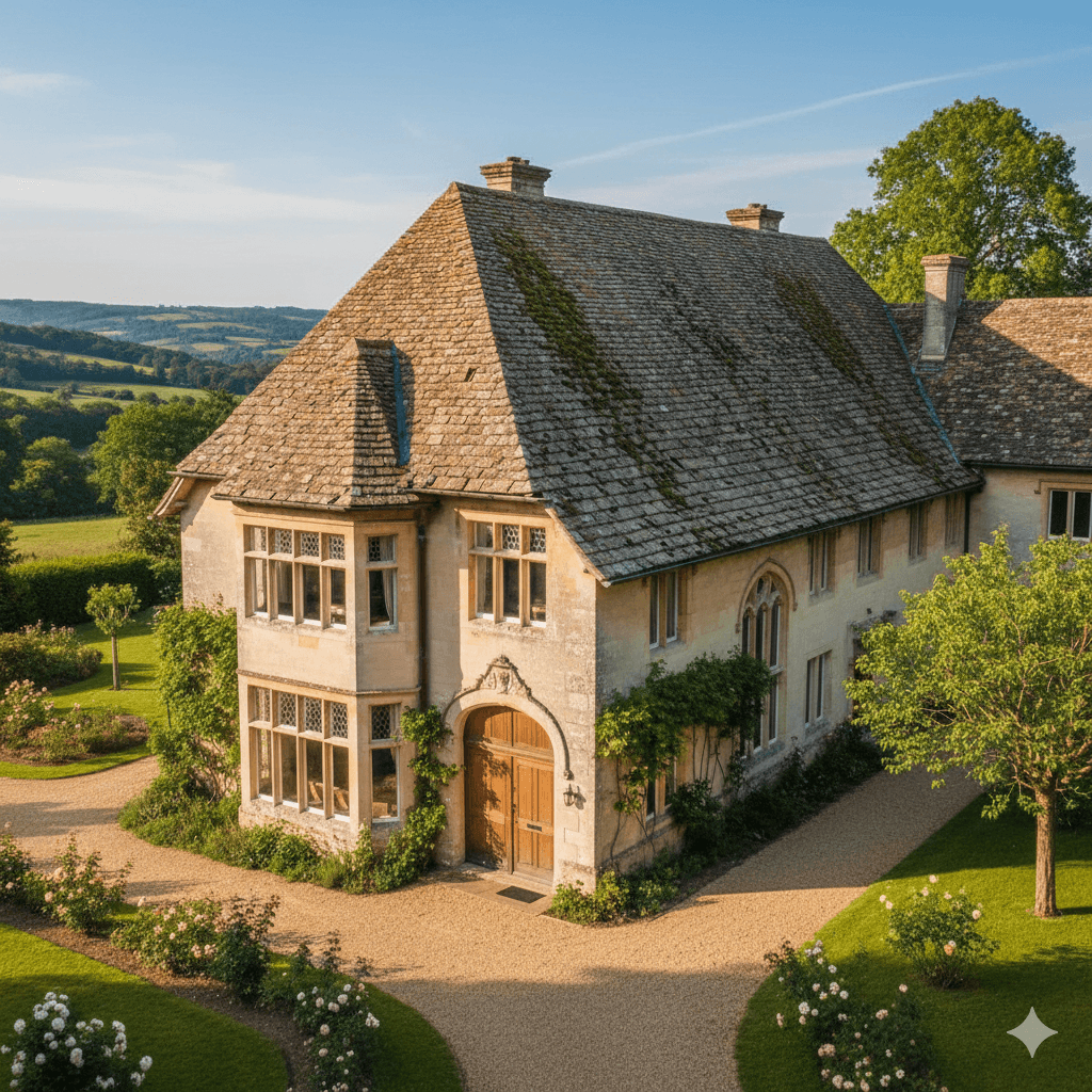 Toiture en ardoise recouverte de mousse et lichen - exemple de degradation vegetale necessitant un traitement