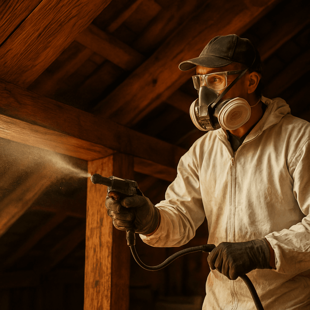Artisan traitant une charpente en bois de manière préventive